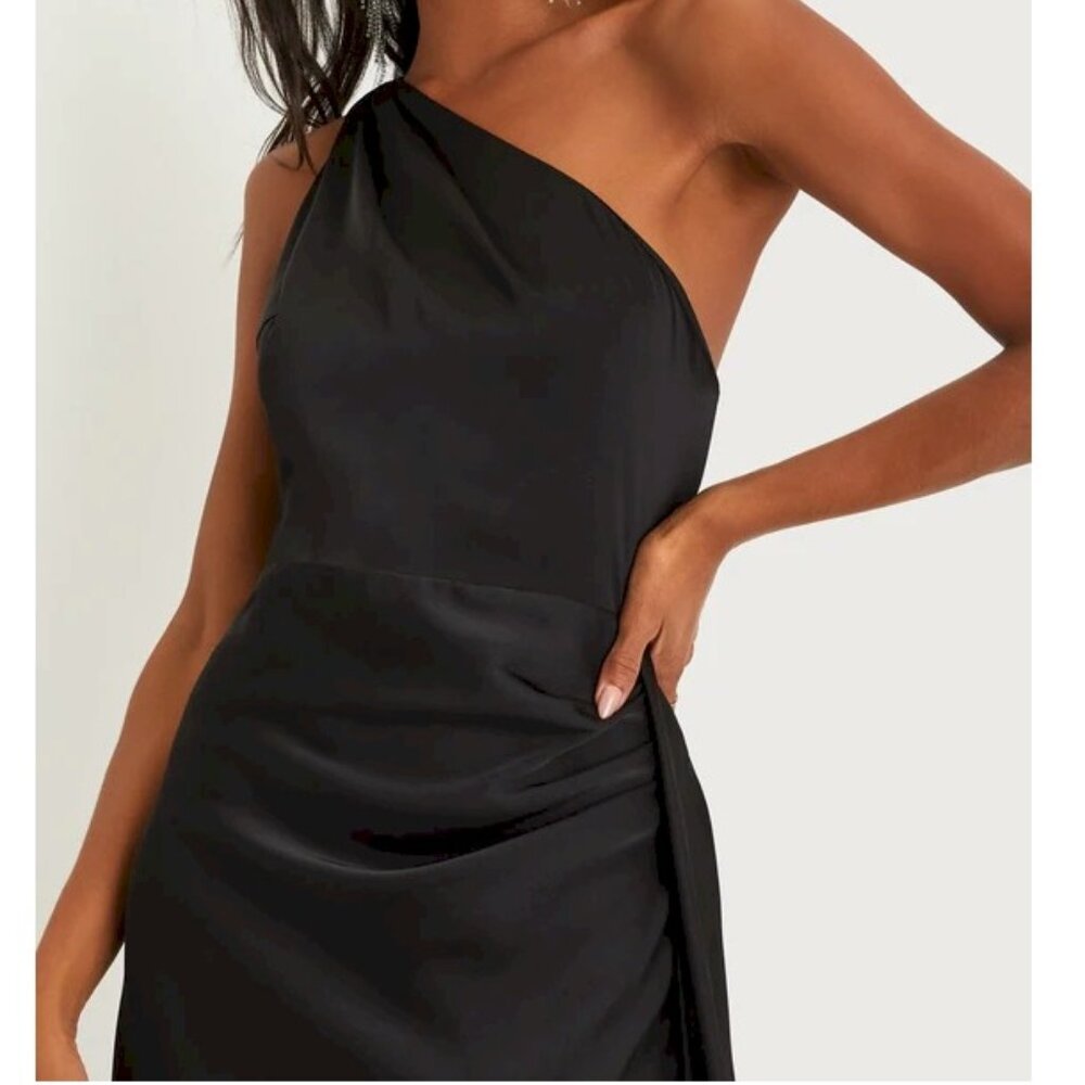 Lulus Signature Elegance Black Satin One-Shoulder Maxi Dress Size Large New NWT - Picture 7 of 13